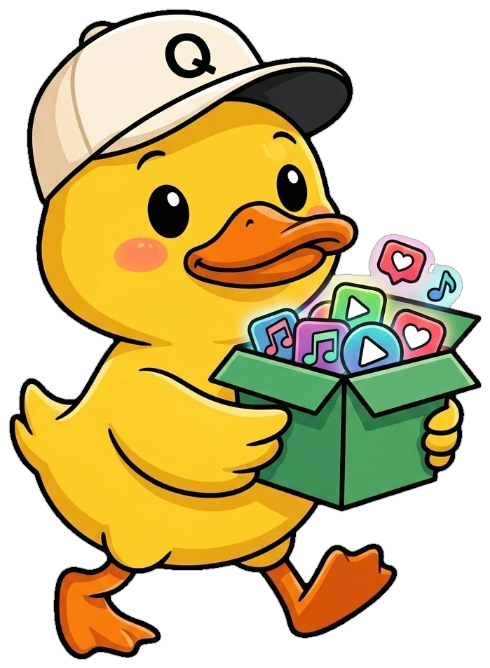 Quacky, the QuackList mascot duck, carrying a box of sorted playlist items